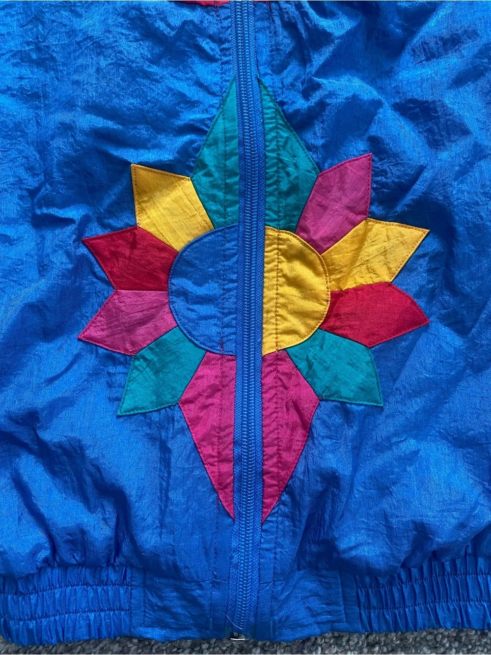 Vintage Bright Blue Colorblock Windbreaker Jacket with Sunburst